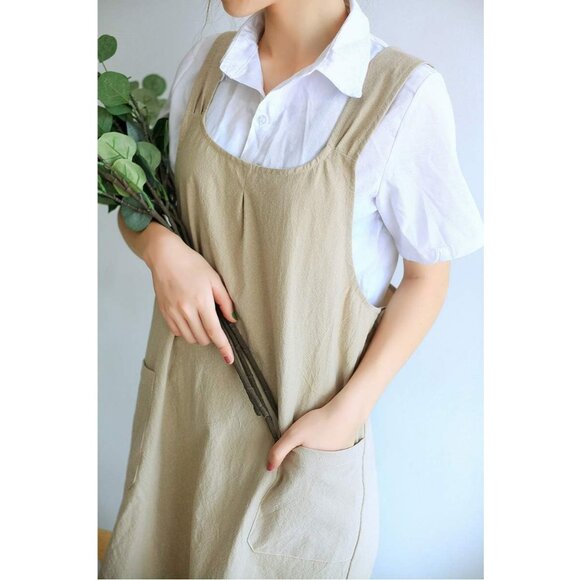 Soft Cotton Linen Apron Cross Back X-Shaped Japanese Style Pinafore Dress for Co - Picture 9 of 9